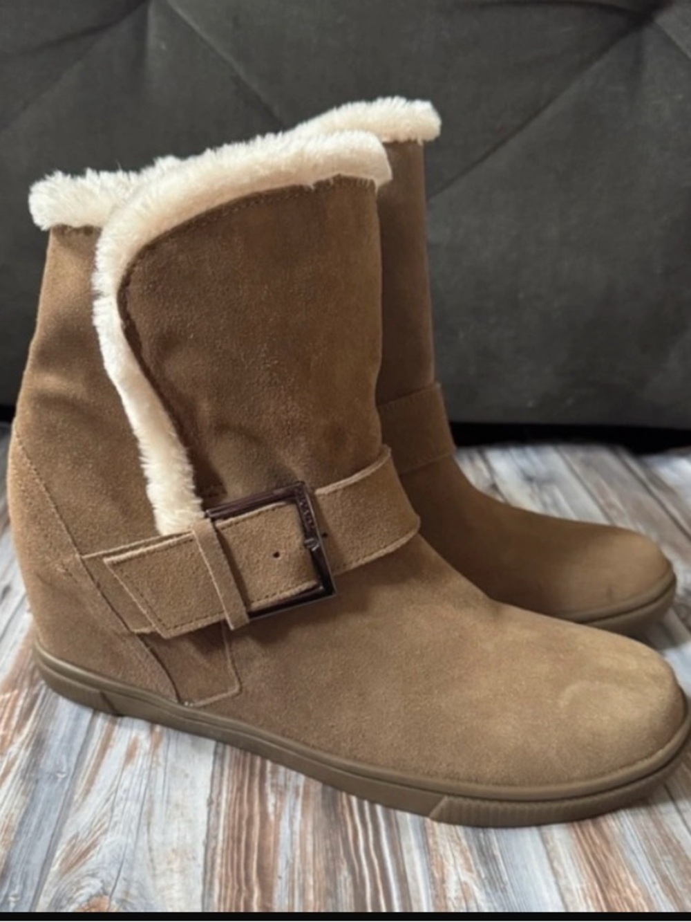 DKNY Tan Suede Faux-Fur Wedge Ankle Boots